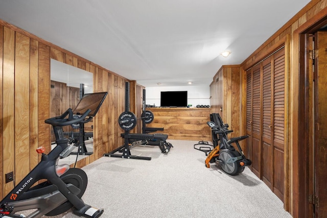 exercise area featuring wooden walls and carpet flooring