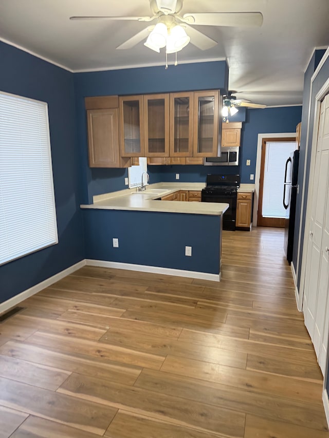 kitchen with sink, ceiling fan, hardwood / wood-style floors, black appliances, and kitchen peninsula