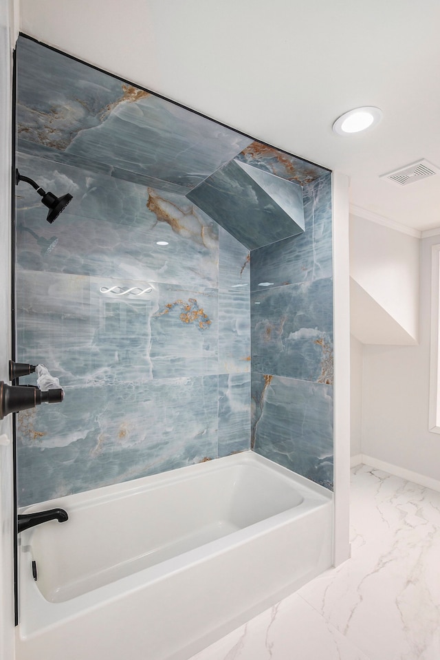 bathroom featuring washtub / shower combination and ornamental molding