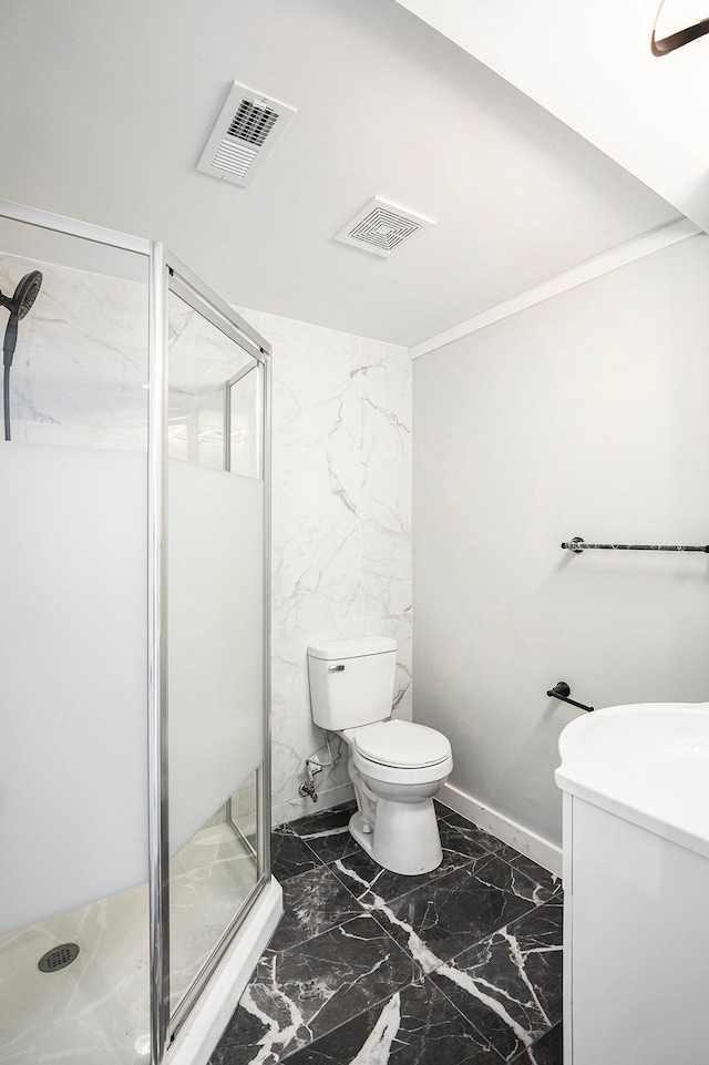 full bathroom featuring a shower stall, toilet, and visible vents