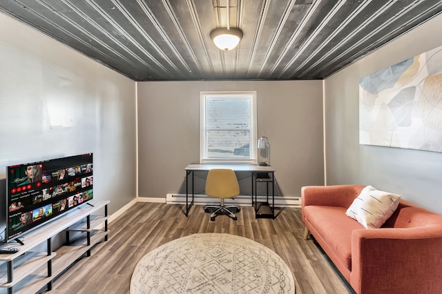 home office featuring wood ceiling, baseboard heating, and wood-type flooring