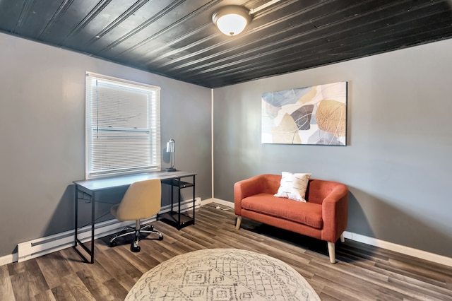 home office with wood-type flooring, a baseboard heating unit, and wood ceiling