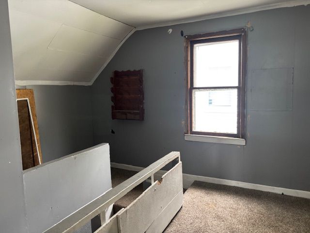 bonus room with plenty of natural light, vaulted ceiling, baseboards, and carpet floors