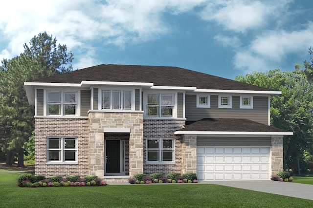 view of front of home with a garage and a front lawn