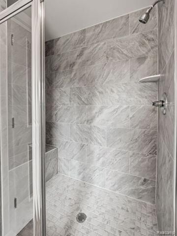 bathroom with a shower with shower door