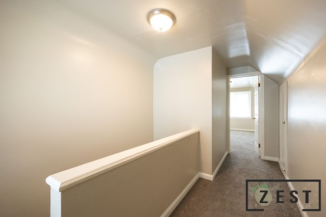 hallway featuring vaulted ceiling and carpet floors