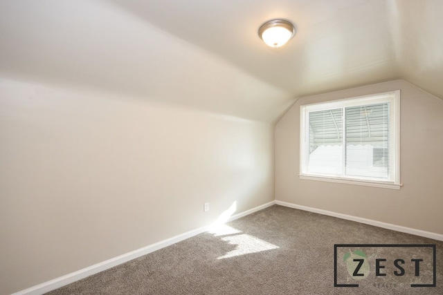 additional living space featuring vaulted ceiling and carpet flooring