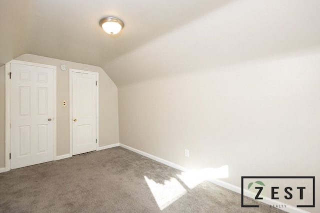 additional living space featuring lofted ceiling and carpet flooring