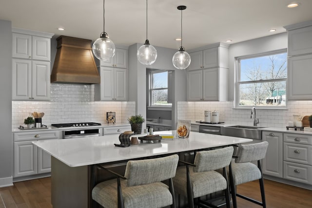 kitchen with custom exhaust hood, sink, a center island, and dark hardwood / wood-style floors