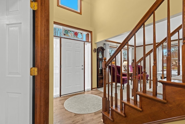 foyer featuring a towering ceiling, light hardwood / wood-style flooring, and a wealth of natural light