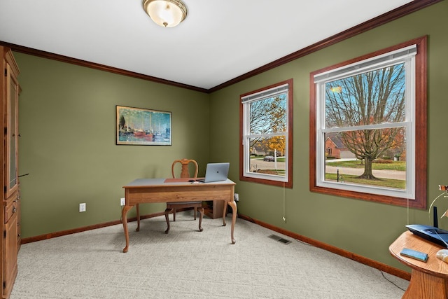 office featuring ornamental molding and light carpet