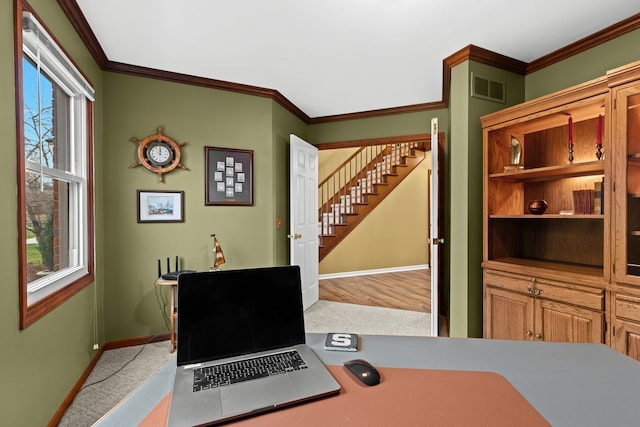 carpeted office space featuring ornamental molding