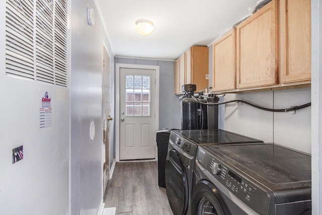 laundry room featuring cabinets, washing machine and dryer, and dark hardwood / wood-style flooring