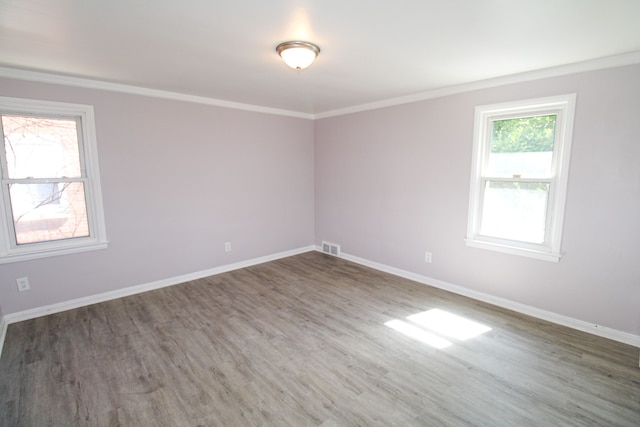 spare room featuring dark wood-type flooring and ornamental molding