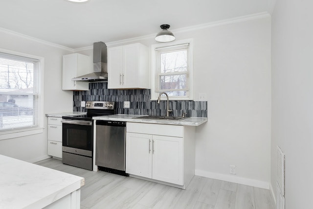 kitchen with appliances with stainless steel finishes, wall chimney range hood, white cabinets, sink, and backsplash