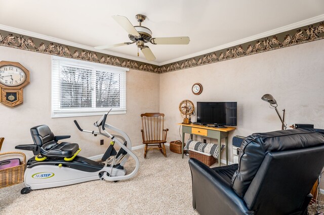 exercise room with ornamental molding and ceiling fan