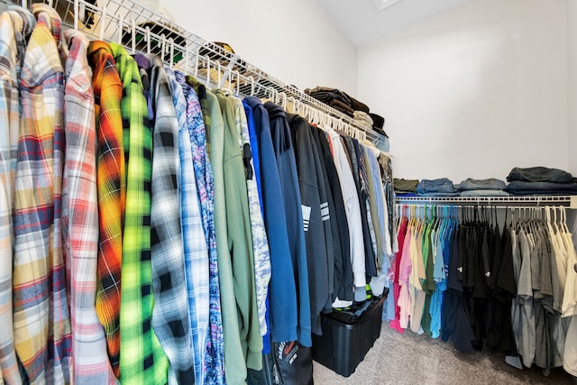 spacious closet with vaulted ceiling and carpet floors