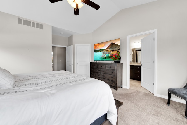 bedroom with light colored carpet, visible vents, a ceiling fan, vaulted ceiling, and baseboards