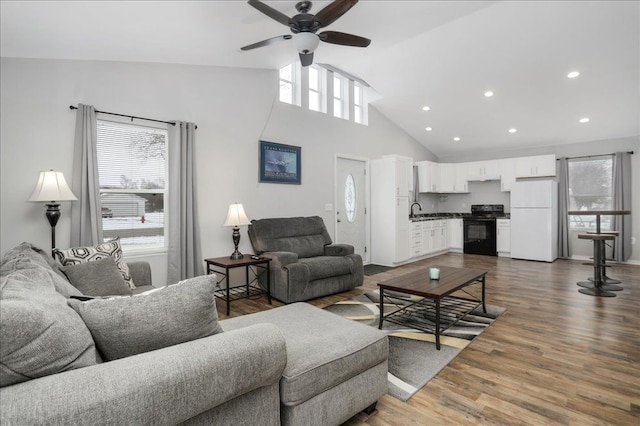 living room featuring sink, high vaulted ceiling, ceiling fan, and dark hardwood / wood-style flooring