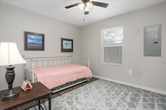 bedroom with electric panel and ceiling fan