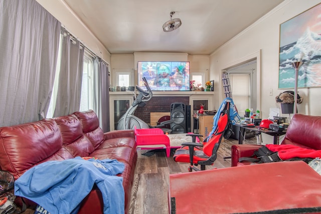 living room featuring hardwood / wood-style flooring and ornamental molding