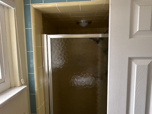 bathroom featuring a shower with shower door and toilet