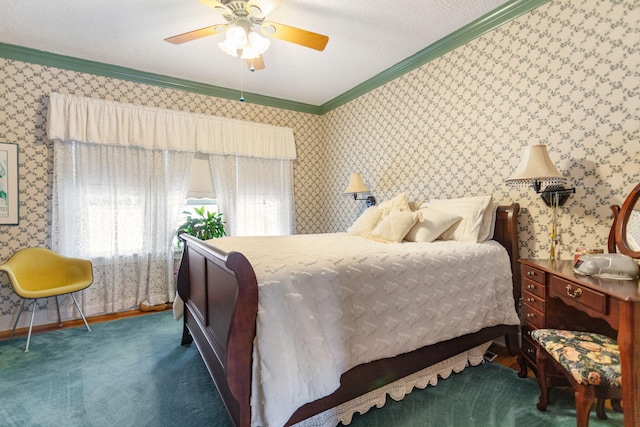 bedroom with ceiling fan, carpet floors, baseboards, wallpapered walls, and crown molding