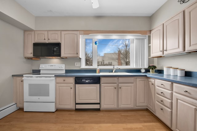 kitchen featuring dishwasher, sink, electric range, baseboard heating, and light hardwood / wood-style flooring