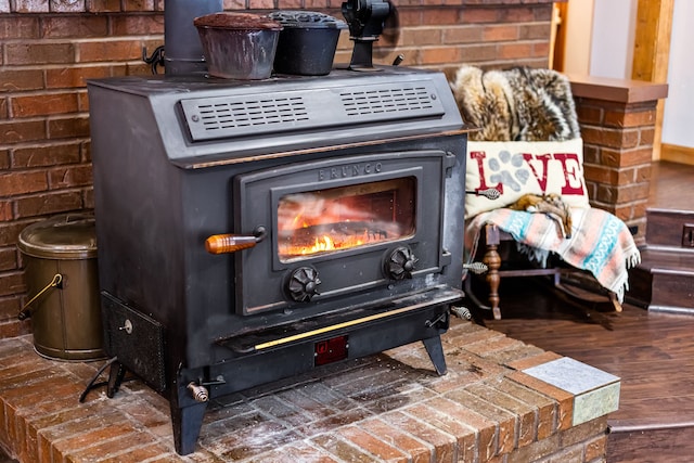 interior details featuring a wood stove