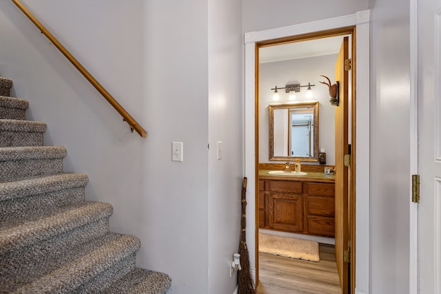 staircase with sink and wood-type flooring