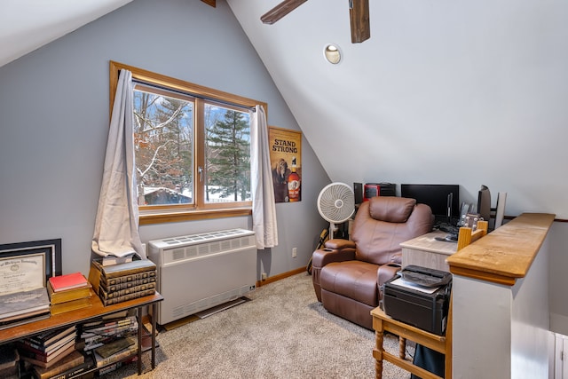 living area featuring lofted ceiling, ceiling fan, radiator heating unit, and light carpet