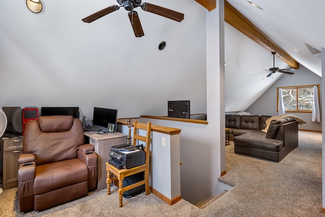 office with vaulted ceiling with beams, light carpet, and ceiling fan