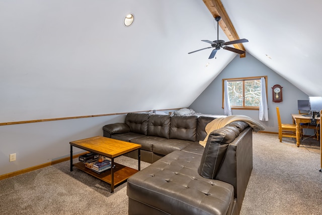 carpeted living room featuring lofted ceiling with beams