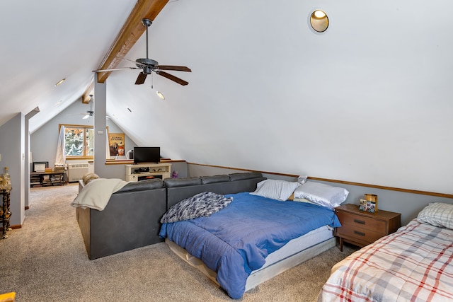 bedroom with lofted ceiling with beams, carpet flooring, and ceiling fan