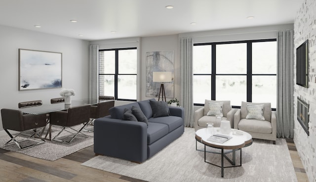 living room featuring hardwood / wood-style flooring and a fireplace