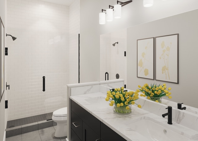 bathroom with toilet, an enclosed shower, tile patterned floors, and vanity