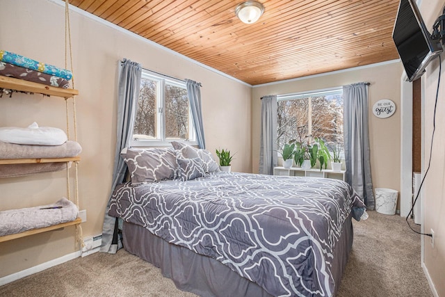 bedroom featuring carpet floors, a baseboard radiator, ornamental molding, and wood ceiling