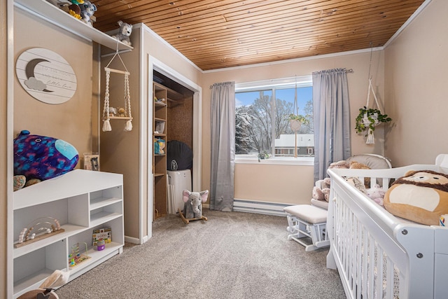 carpeted bedroom featuring crown molding, wooden ceiling, and a baseboard heating unit