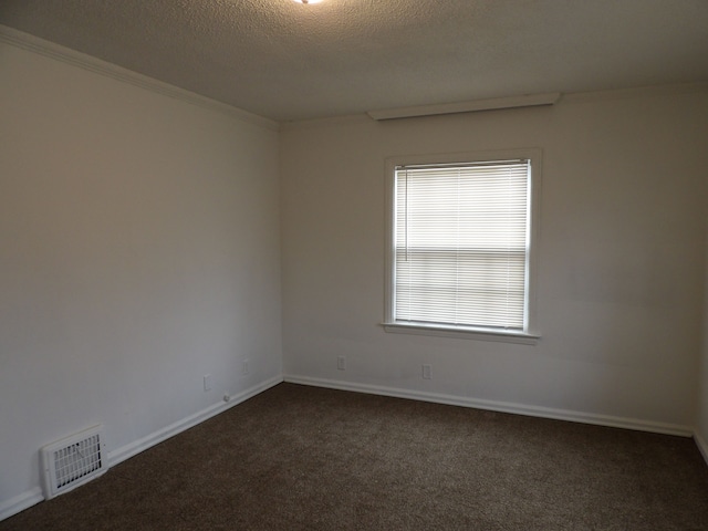 carpeted empty room with ornamental molding, plenty of natural light, and a textured ceiling