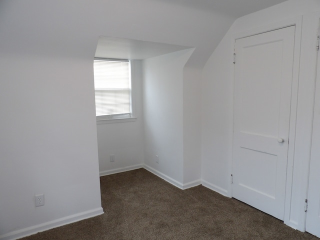 additional living space featuring lofted ceiling and dark colored carpet