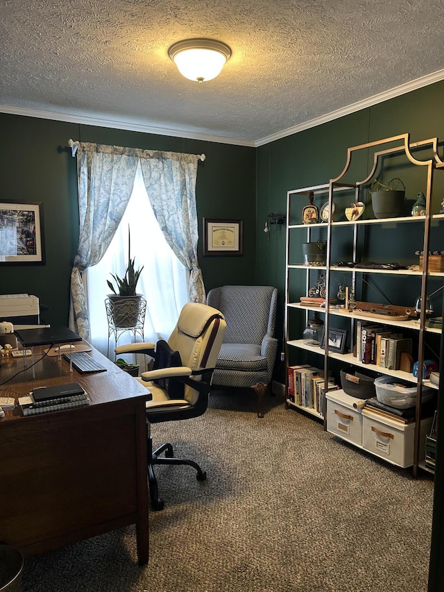 office space featuring a textured ceiling, ornamental molding, and carpet flooring