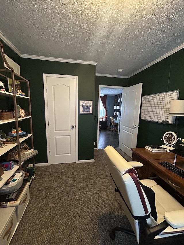 office area with dark colored carpet, a textured ceiling, and crown molding