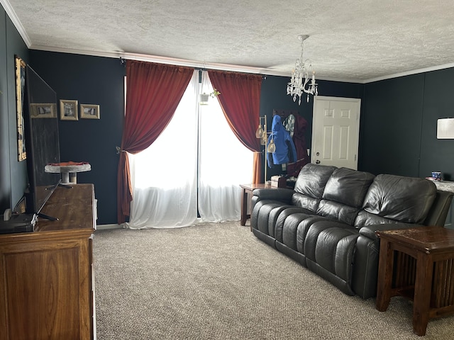 carpeted living room featuring crown molding and a textured ceiling