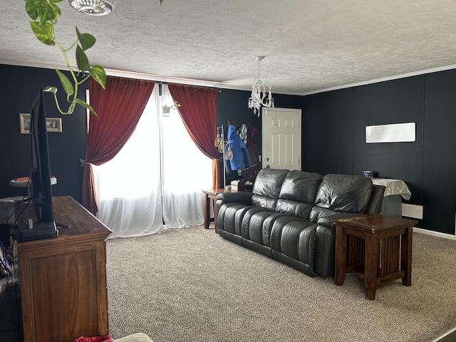 living room featuring carpet and a textured ceiling