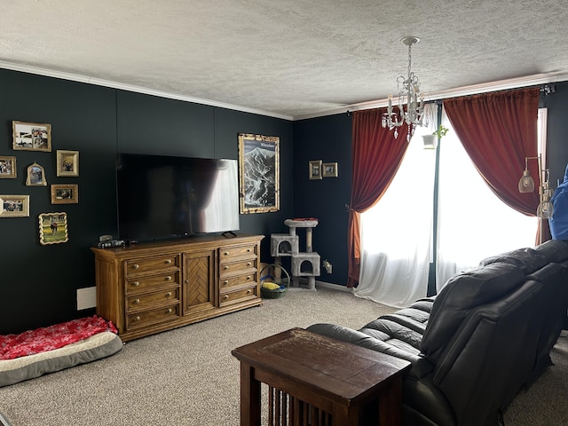 living room with a chandelier, carpet, ornamental molding, and a textured ceiling