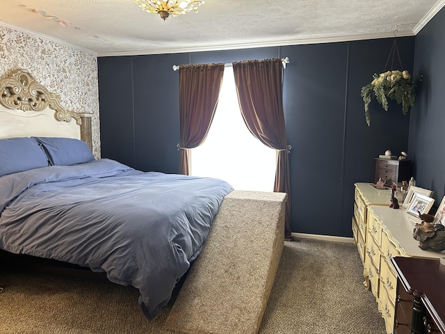 bedroom featuring a textured ceiling and dark carpet