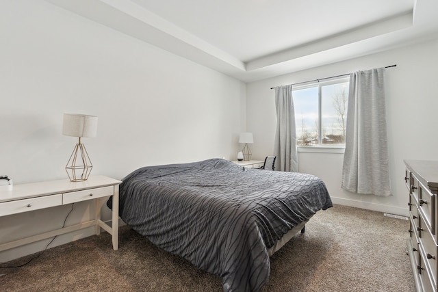 carpeted bedroom featuring a tray ceiling