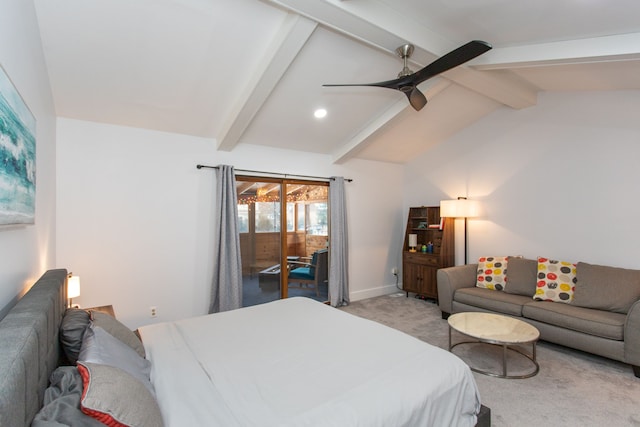 bedroom with access to exterior, ceiling fan, vaulted ceiling with beams, and light carpet