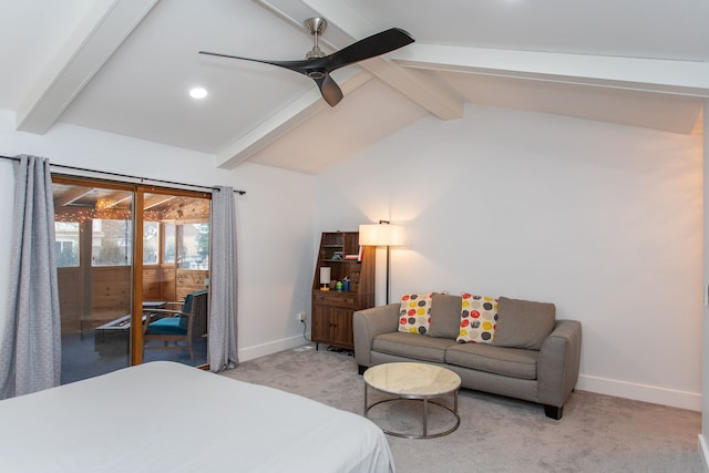 carpeted bedroom with ceiling fan and vaulted ceiling with beams