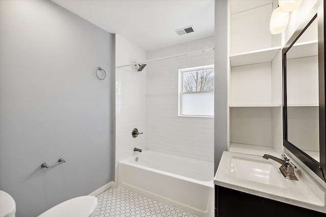 full bathroom with vanity, toilet, and washtub / shower combination